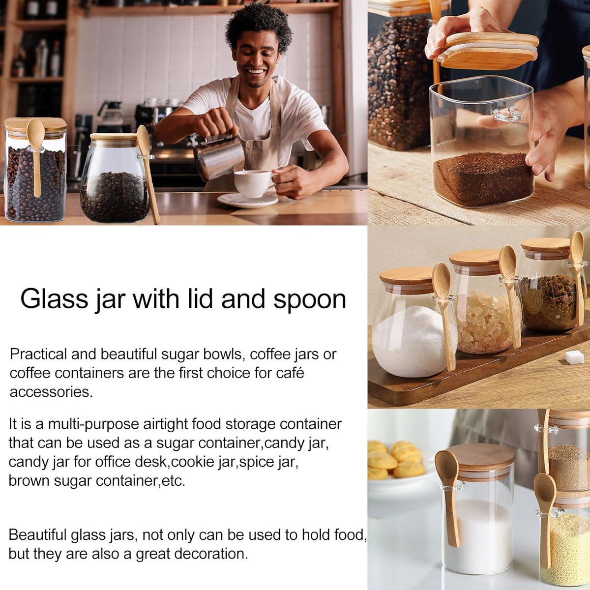 CNWSGEM Sugar Bowls Sugar Container 25.36 FL OZ Glass Coffee Canister Airtight Food Storage Jar with Lid and Spoon Candy Jar Coffee Bar Accessories Storage Beans Powder (Conical)