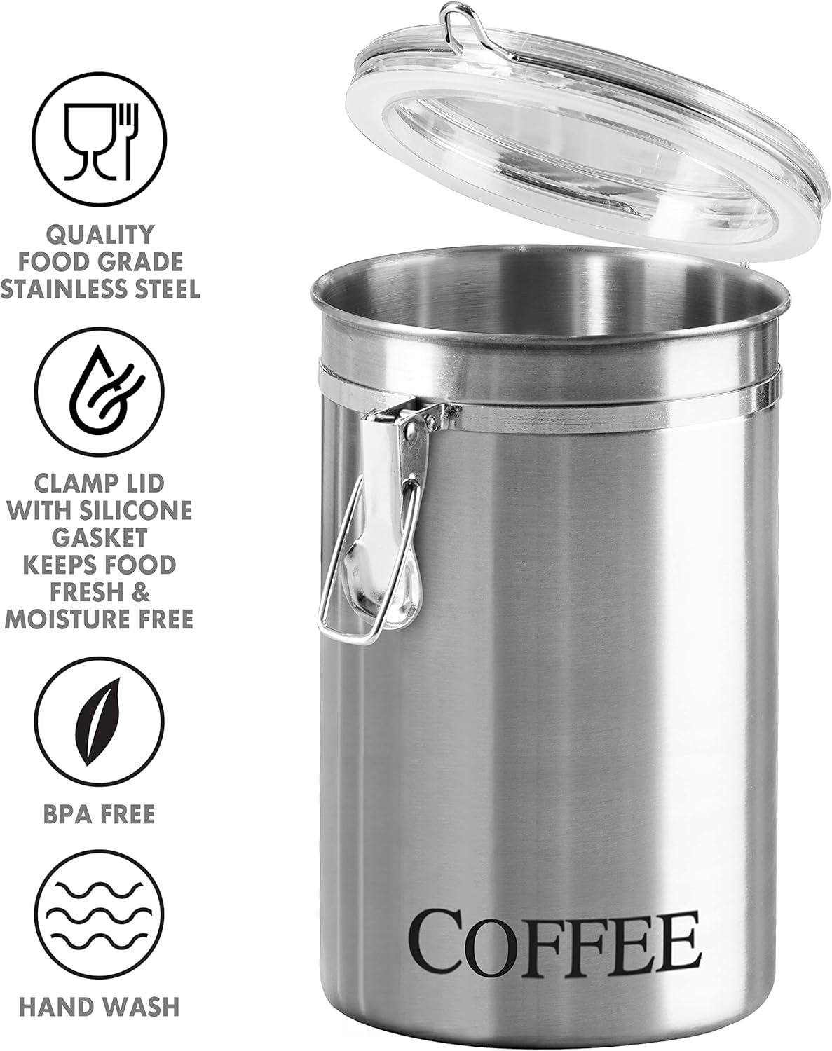 Oggi Stainless Steel Sugar Canister 62 fl oz - Airtight Clamp Lid, Clear See-Thru Top - Ideal Sugar Container for Countertop, Sugar Jar, Bulk Sugar Storage. Large Size 5" x 7.5".
