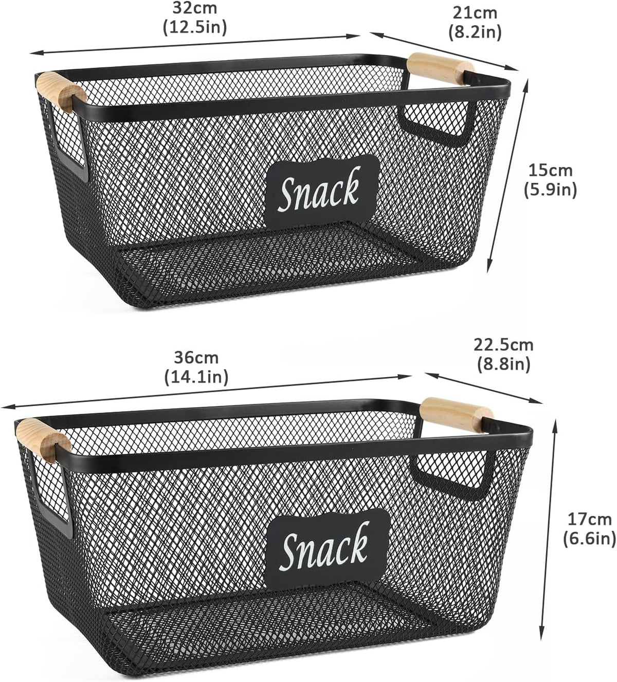 Snack Organizer for Pantry Shelf, 2 Pack Metal Mesh Snack Basket Storage with Wooden Handles, Snack Bin for Snack Bar Station, Kitchen Cabinet Pantry Organizers and Storage