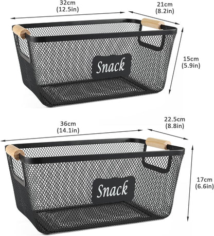 Snack Organizer for Pantry Shelf, 2 Pack Metal Mesh Snack Basket Storage with Wooden Handles, Snack Bin for Snack Bar Station, Kitchen Cabinet Pantry Organizers and Storage