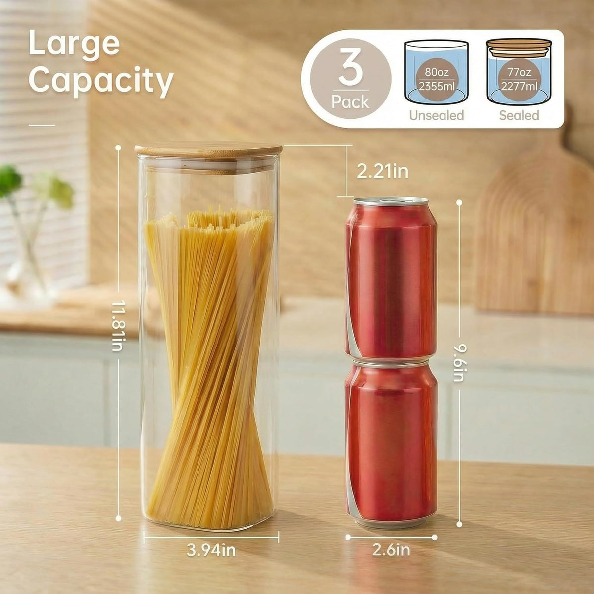 HomArtist Square Glass Jars with Bamboo Lids [Muti Size Set of 5], Glass Canisters with Airtight Lids, Glass Food Storage Containers for Pasta, Cereal, Flour, Sugar, Best for Kitchen & Pantry