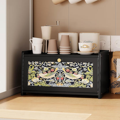 Trironsun Bread Box for Kitchen Counter Black Bread Storage Container with Acrylic Door William Morris Flower Bird Design Farmhouse Breadbox Organizer (Black)