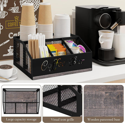 Coffee Station Organizer, Rustic Brown Wooden Countertop Coffee Bar Accessories Organizer with Metal Mesh Compartments for Pods, Syrup, Cups, Stirrer, Tea