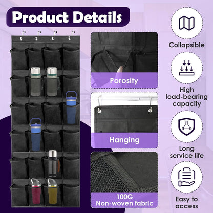 Over The Door Water Bottle Organizer for Stanley, Multi-Functional 24 Pockets Water Bottle Organizer for Door, Foldable Wall-Mounted Design, Over The Door Cup Holder for Kitchens and RV