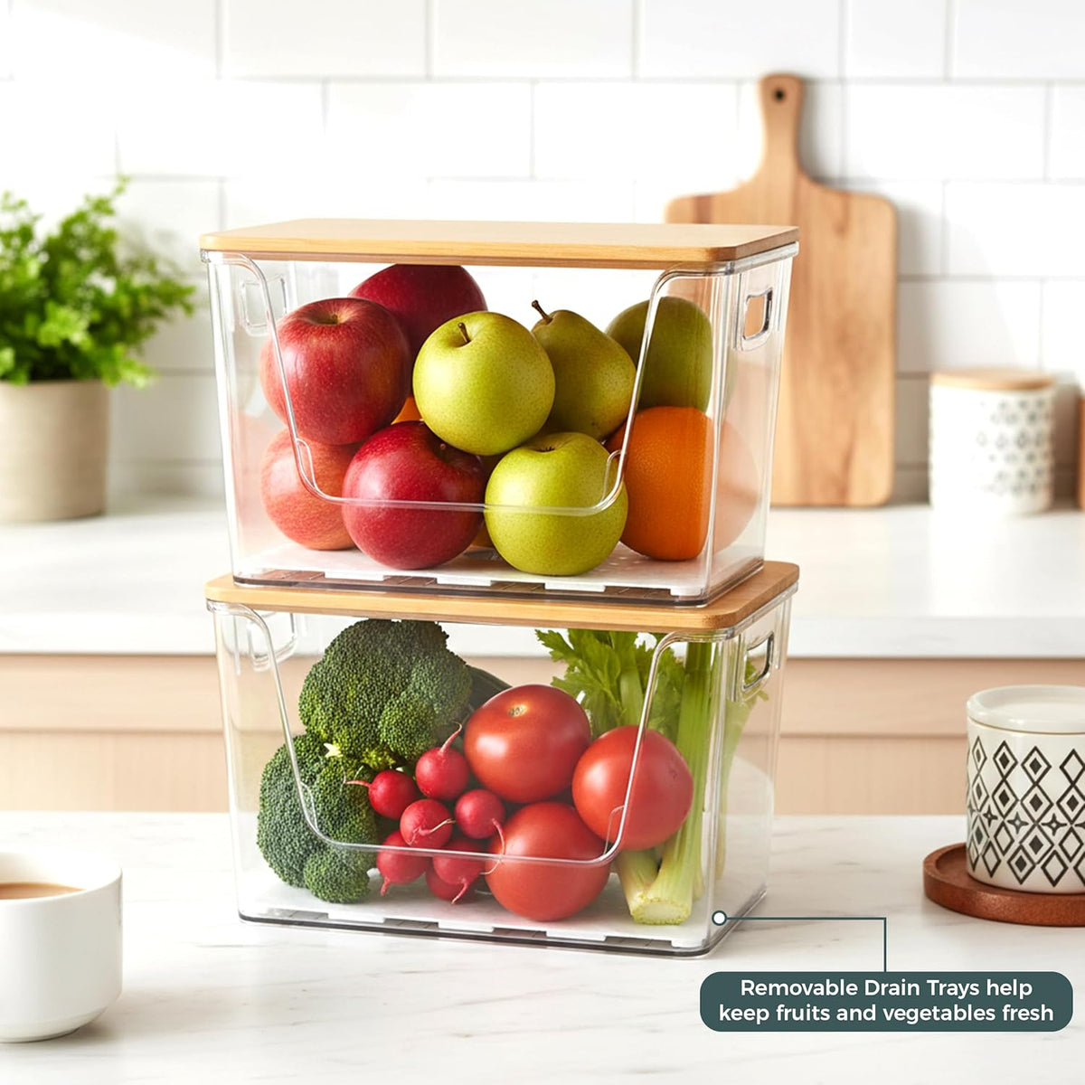 2 Set Pantry organizers and Storage,Trash Bag Holder Under sink Organizer for 4-13 Gal Bags,Trash Bag Dispenser with Bamboo Lids and Stackable Clear Bins for Potato, Onion, Garlic, Fruit, Vegetables
