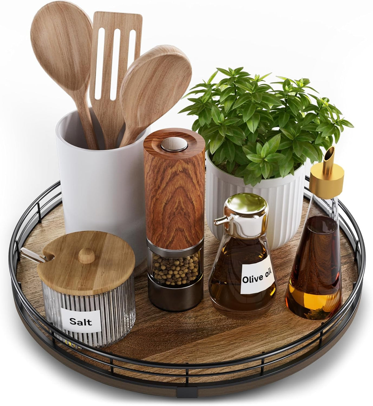 Acacia Wood 13" Lazy Susan Turntable Organizer for Table Top, Farmhouse Round Wooden Lazy Susan for Cabinet Kitchen Centerpieces Coffee Table, for Condiments Spices, Bathroom Vanity Tray Decor