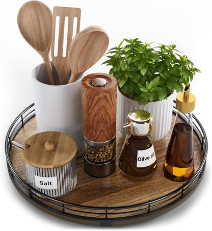 Acacia Wood 13" Lazy Susan Turntable Organizer for Table Top, Farmhouse Round Wooden Lazy Susan for Cabinet Kitchen Centerpieces Coffee Table, for Condiments Spices, Bathroom Vanity Tray Decor