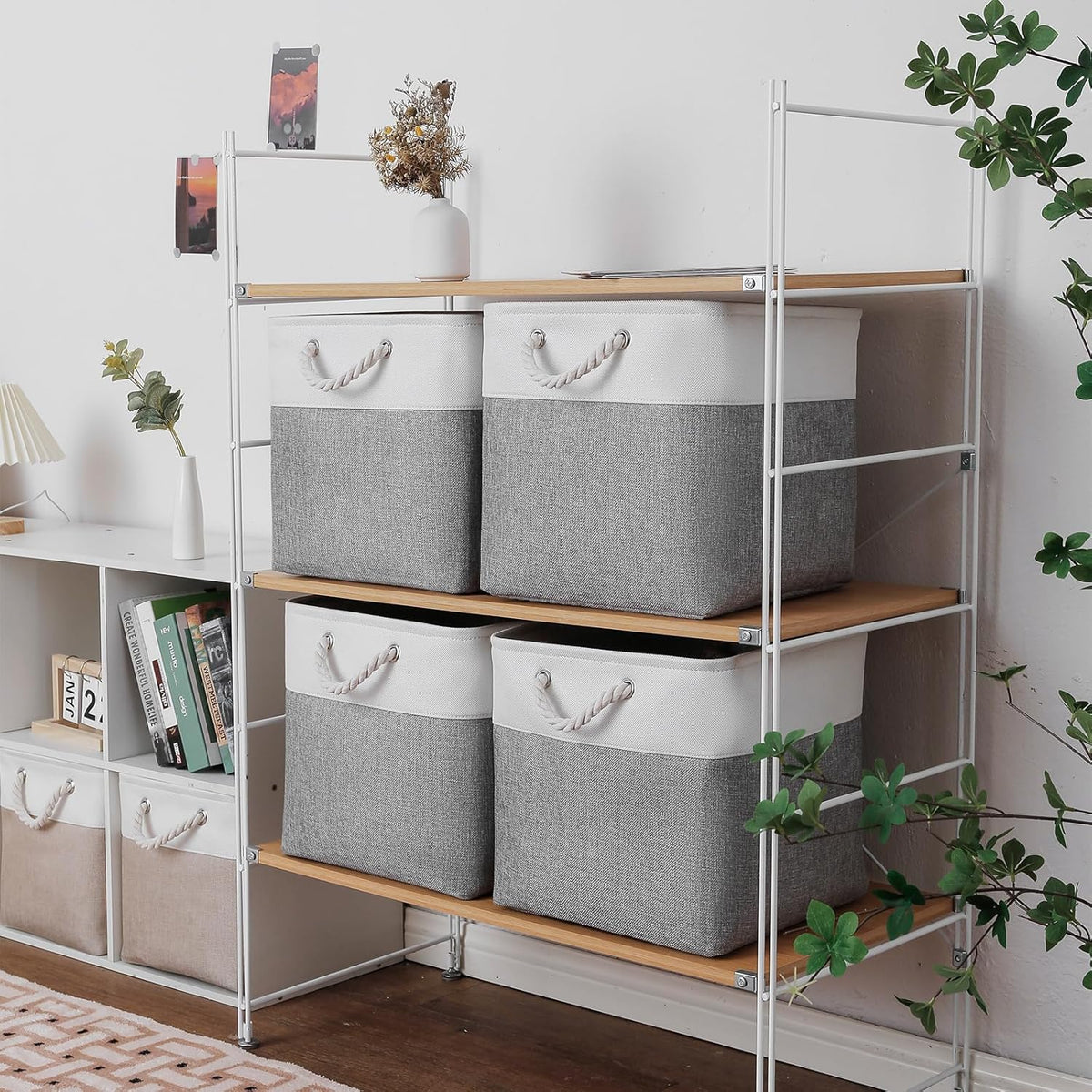 MidmmVick 13 x 13 Inch Cube Storage Bins, 6 Pack Extra Large Collapsible Fabric Storage Bin with Ropes, Foldable Storage Cubes for Home (White & Beige-13"x13"x13")