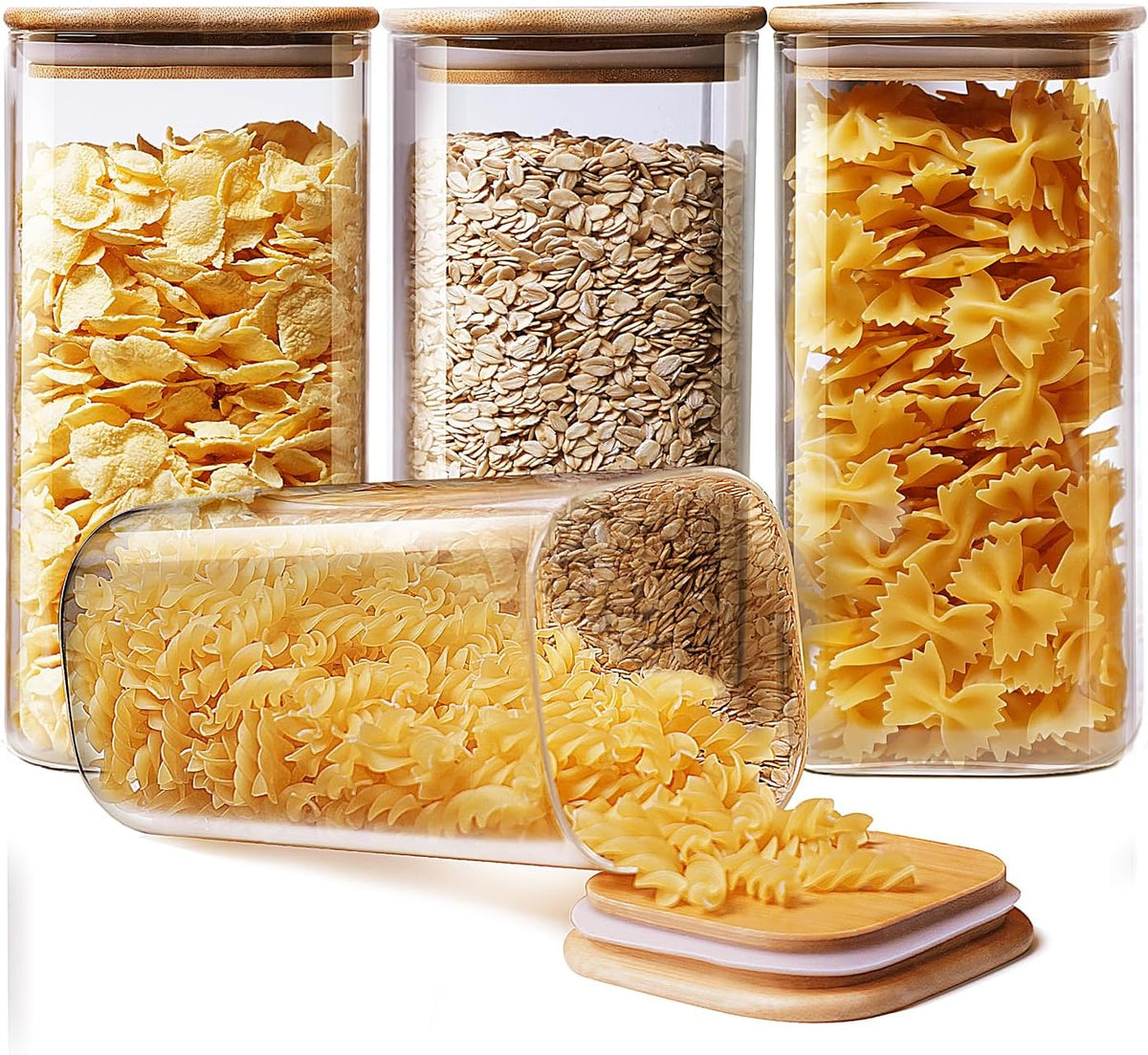 HomArtist Square Glass Jars with Bamboo Lids [Muti Size Set of 5], Glass Canisters with Airtight Lids, Glass Food Storage Containers for Pasta, Cereal, Flour, Sugar, Best for Kitchen & Pantry
