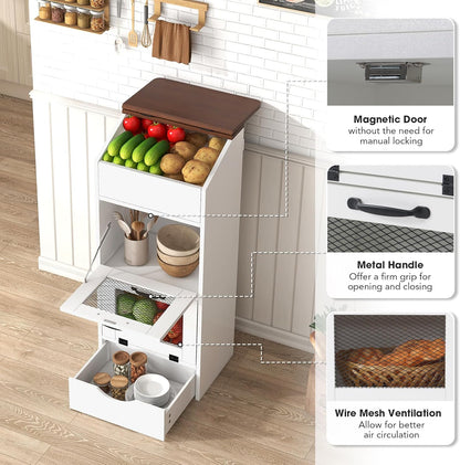 Patiorama Wood Potato and Onion Storage Bin Box with Lid, 4-Tier Farmhouse Wooden Bread Box Cabinet with 2 Mesh Doors & Rolling Drawer, Large Vegetable Storage Bin Organizer for Kitchen Pantry White