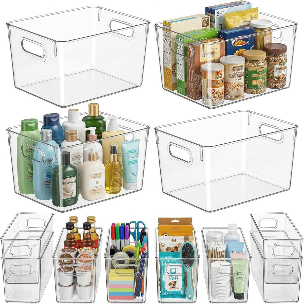 MOONEDGE Set of 4 Clear Plastic Organizer Bins, 2 Large & 2 Small Storage Bins for Pantry, Nestable Space-Saving Containers for Cabinets, Under-Sink, Bathroom, Kitchen & Freezer Organization