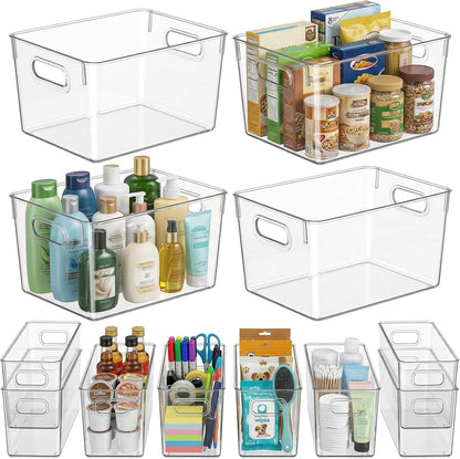 MOONEDGE Set of 4 Clear Plastic Organizer Bins, 2 Large & 2 Small Storage Bins for Pantry, Nestable Space-Saving Containers for Cabinets, Under-Sink, Bathroom, Kitchen & Freezer Organization