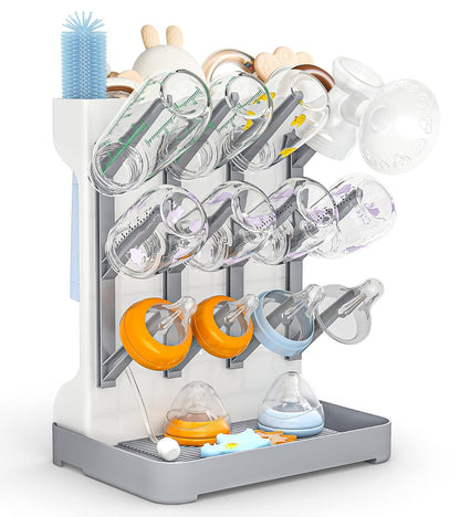 GoMaihe Baby Bottle Drying Rack: Space Saving Vertical Bottle Dryer Holder - Newborn Accessories Storage Stand Organize Brushes Pacifiers on Countertop - BPA-Free - Gray