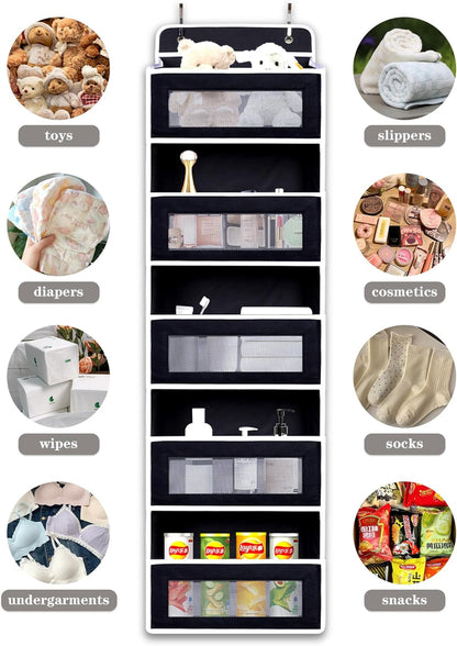 Over The Door Organizer 44LB Capacity with 5 Large Pockets & 10 Mesh Side Pockets, Clear Window Anti-Tilt Hanging Storage for Nursery, Bathroom, Pantry - Dark Grey, 1 Pack