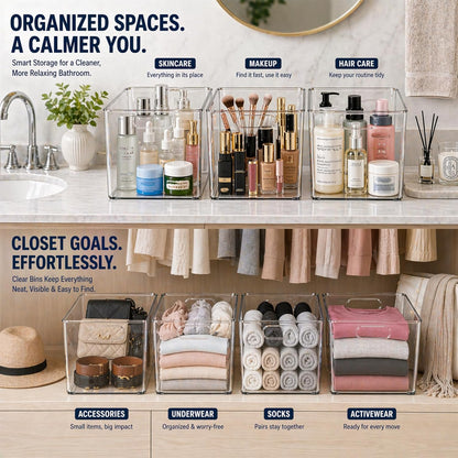 MOONEDGE Set of 4 Clear Plastic Organizer Bins, 2 Large & 2 Small Storage Bins for Pantry, Nestable Space-Saving Containers for Cabinets, Under-Sink, Bathroom, Kitchen & Freezer Organization