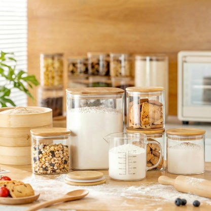 HomArtist Square Glass Jars with Bamboo Lids [Muti Size Set of 5], Glass Canisters with Airtight Lids, Glass Food Storage Containers for Pasta, Cereal, Flour, Sugar, Best for Kitchen & Pantry