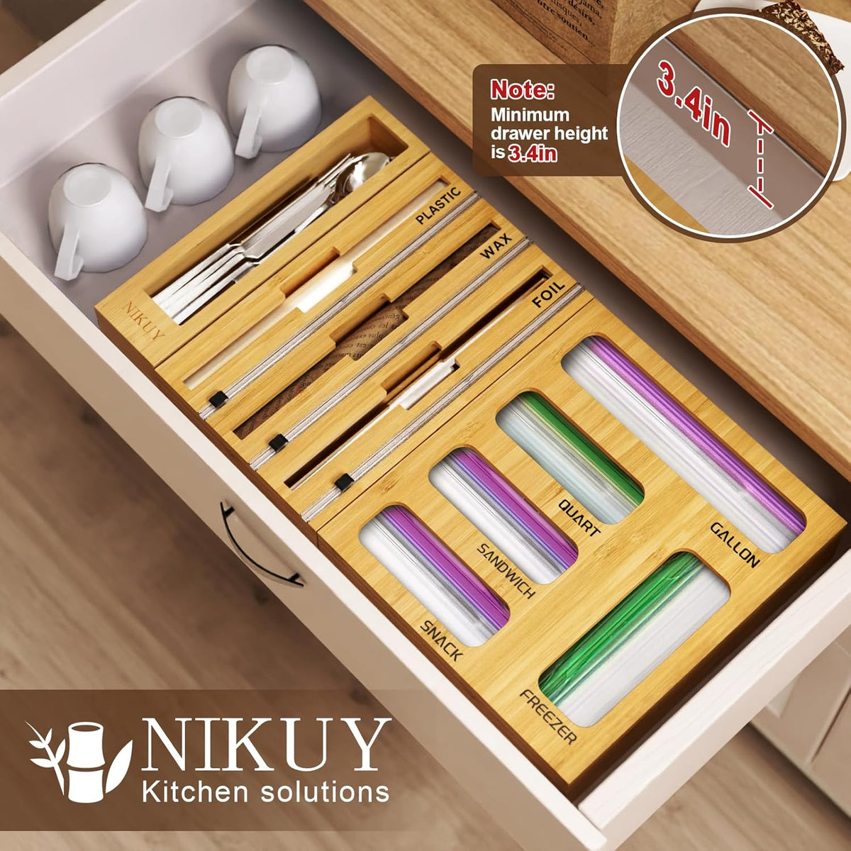 9 IN 1 Bamboo Foil and Plastic Wrap Organizer for Kitchen Drawer, Plastic Bag Organizer Organization and Storage, Food Storage Bag Organizer with Labels for Quart Gallon Snack Sandwich Bag