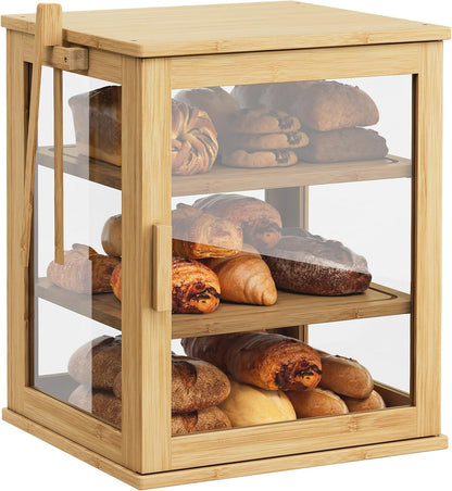WOWLIVE Black Bread Box for Kitchen Countertop, Large 3 Layers Bread Storage Container for Homemade Bread with Window, Farmhouse Breadbox Organizer for Kitchen, Cabinet, Pantry (Black, Meduim)