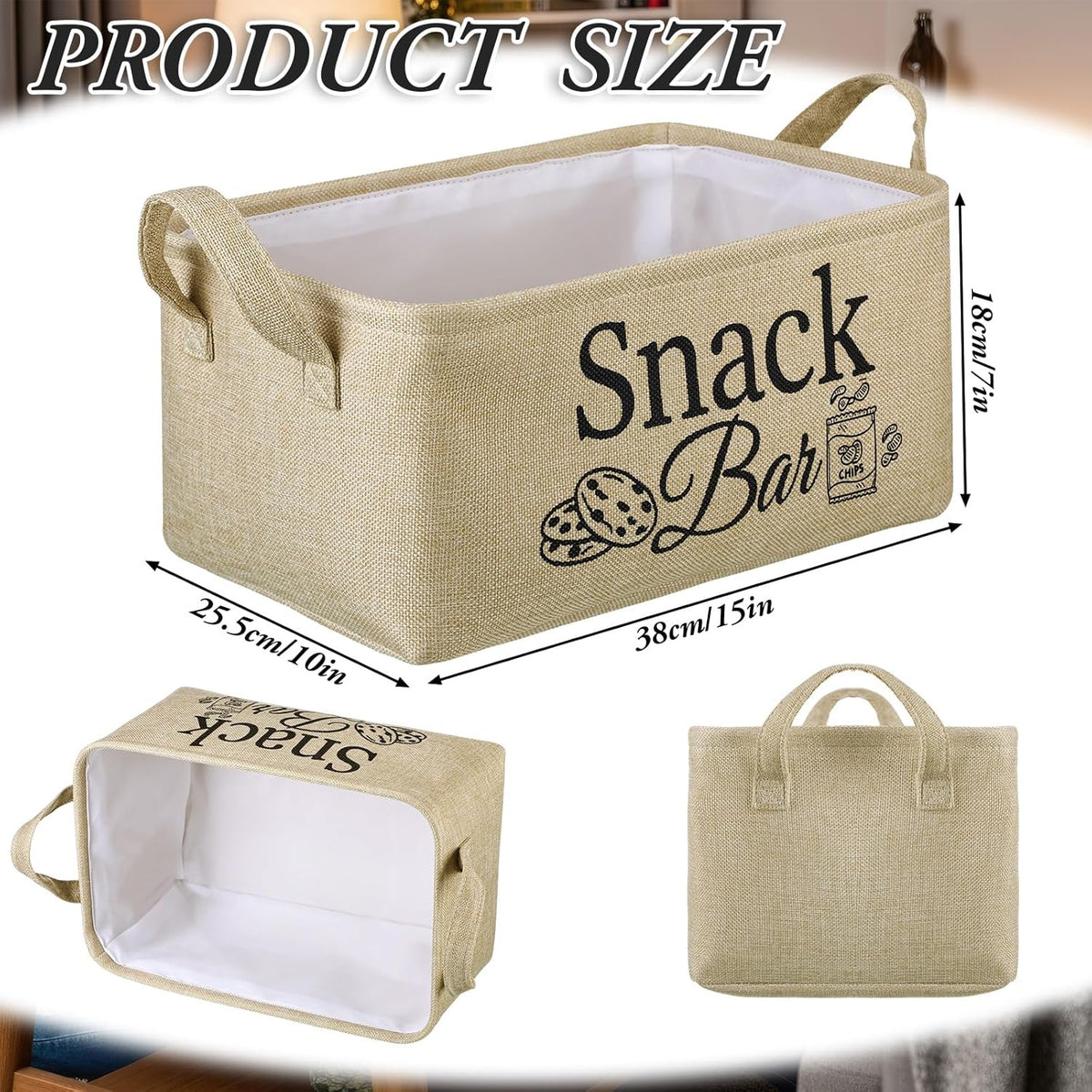 Snack Bar Organizer Basket, Burlap Fabric Snack Storage Holder with Waterproof Lining & Handles, Collapsible Bar Station Organizer Bin for Kitchen Pantry Cabinet Home Movie Night Party