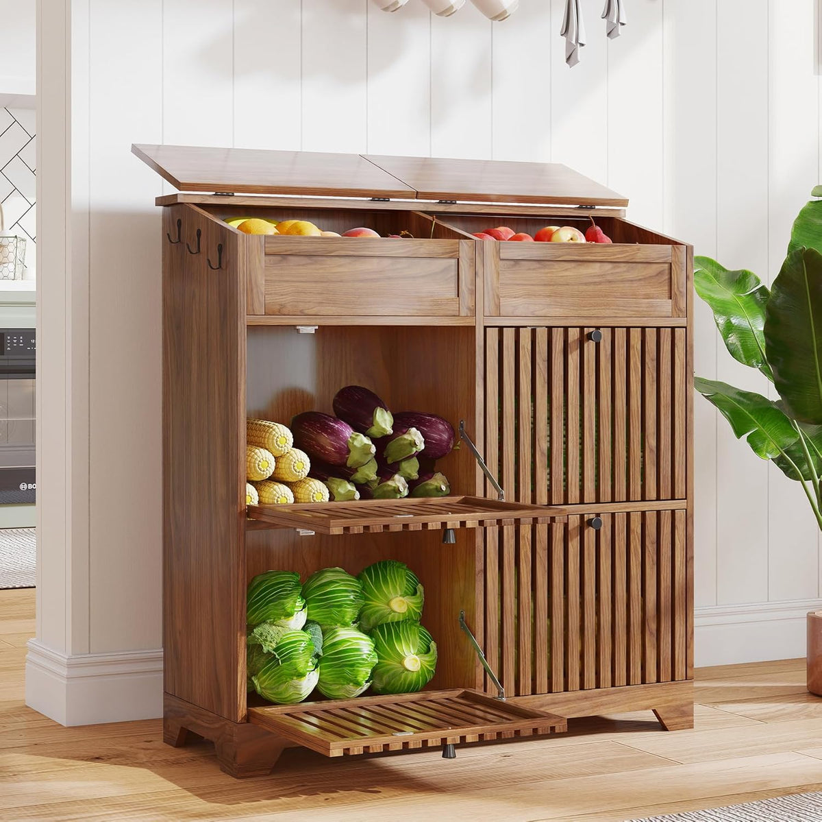 4 Tier Narrow Potato Storage Bin, Tall Wood Potato and Onion Storage Bin with Wheel, Movable Fruit and Vegetable Basket, Food Small Kitchen Pantry Cabinet, Wooden Bread Box, Walnut, Sliding Door