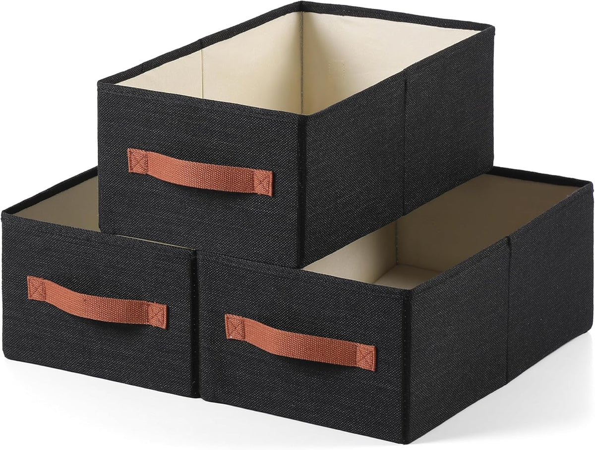 Linen Folding Storage Bins, 3 Pack Large Storage Baskets, Washable, Clothing Storage Bins with Handle, Closet Organizer for Storage Sweater,Sheets(Beige, 18½"x11 x8½)