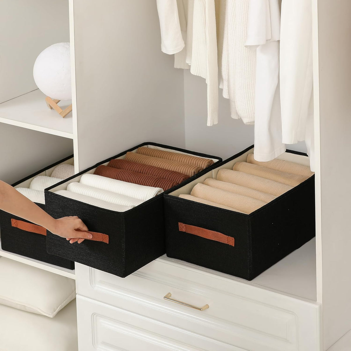 Linen Folding Storage Bins, 3 Pack Large Storage Baskets, Washable, Clothing Storage Bins with Handle, Closet Organizer for Storage Sweater,Sheets(Beige, 18½"x11 x8½)