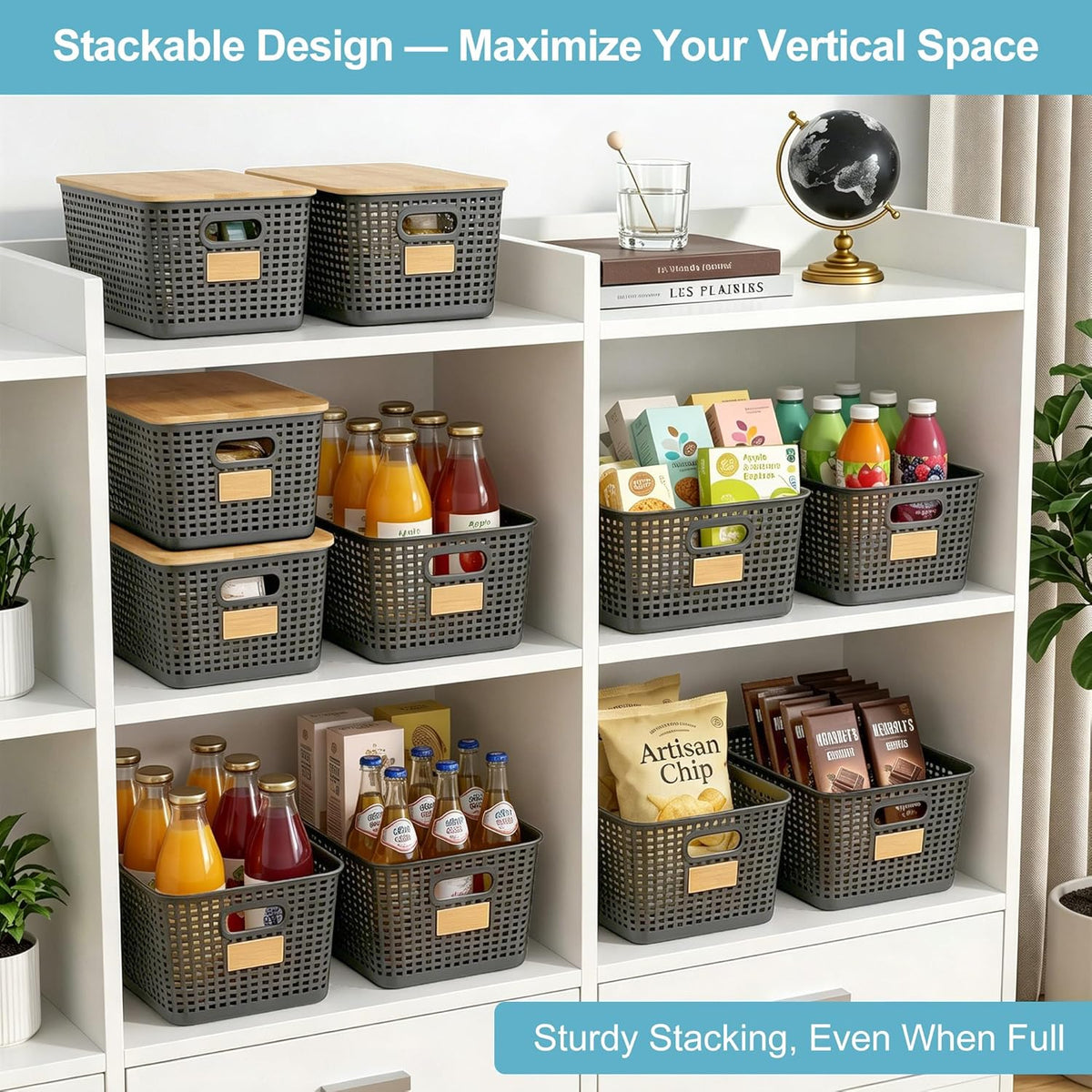 Bagnizer Small Plastic Storage Bins with Bamboo Lids 5.2qt Stackable Box Basket Pantry Decorative Containers Cute with Labels for Organizing Desktop Closet Office Cream White of 10*7.2*4.1"