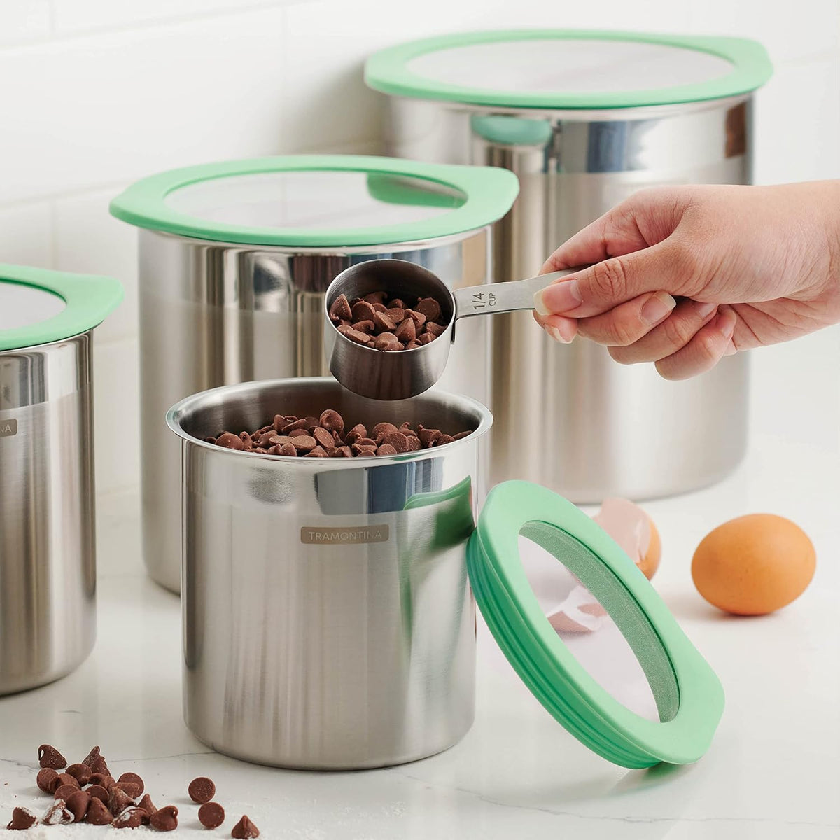 Tramontina 4-Piece Food Storage Containers with Silicone Lids, Stainless Steel Reusable Canister Set, Kitchen Pantry Organizer for Oats, Flour, Cereal, Sugar, Snacks (Blue)