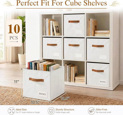 Storage Cubes, 11 Inch Fabric Storage Cubes Organizer Bins with Labels, Odor-Free & Sturdy PP Structure, Cubby Baskets for Closet, Shelves, Toys & Nursery (Beige)