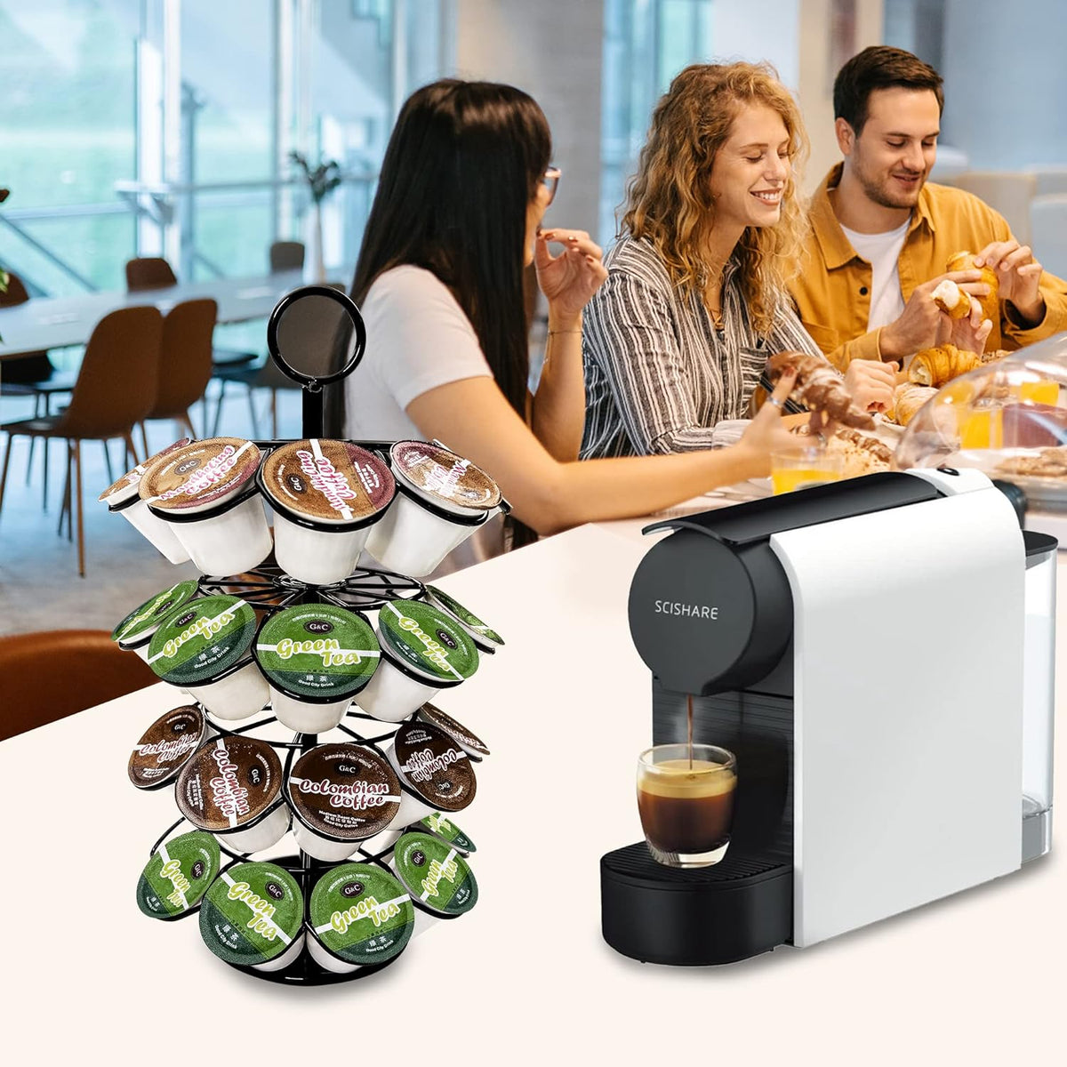 ROWISE K-Cup Pod Carousel Holder and Organizer for 36 Pods - Spins 360 Degrees, Detachable, Modern Metal Design in Black for Home and Office Counters