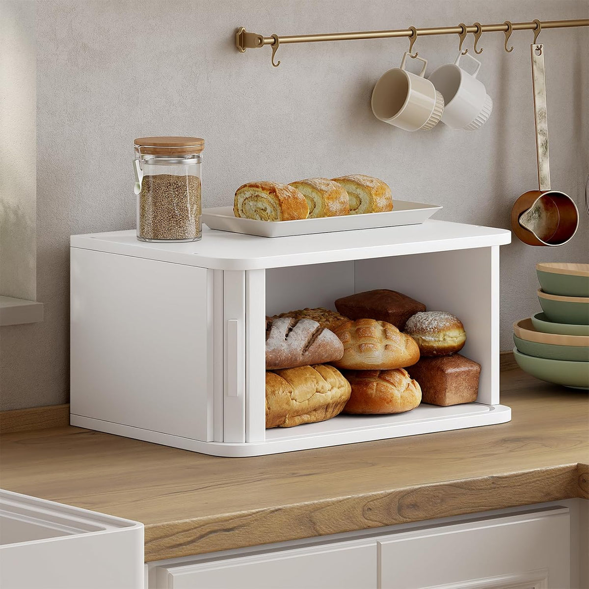 WOWLIVE Bread Box for Kitchen Countertop, Large Roll Top Bread Boxes with Sliding Door, Airtight Bread Storage Container for Loaves, Pastries & Bagels, Bamboo Counter Organizer (Natural, Medium)