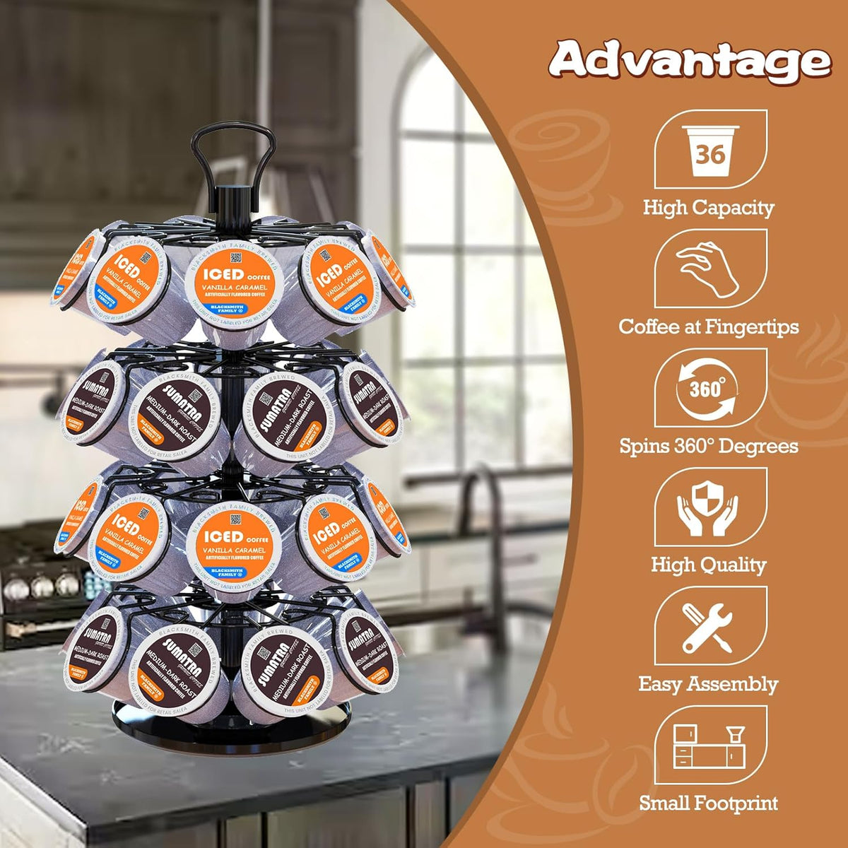 BLACKSMITH FAMILY 36 K Cup Pod Carousel Easy Assembly Design K Cup Holders,K Cup Holder, K Cups Holder,K Cup Carousel, 4-Tier Coffee Pods Holder Storage Organizer Stand,Glossy Black
