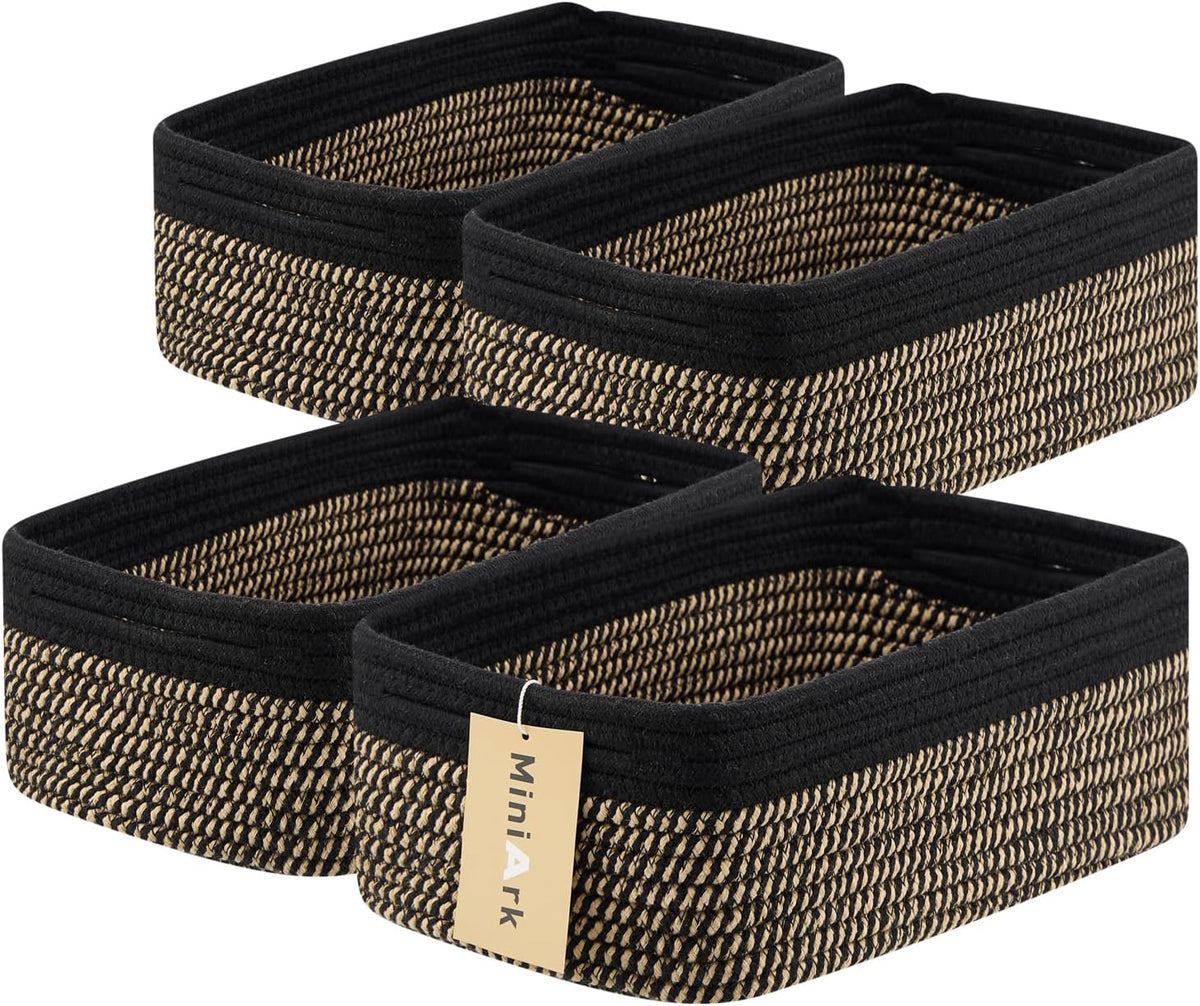 MiniArk Small Storage Baskets for Organizing | Closet Organizer Bins | Shelf Toy Basket | Woven Rope Baskets | Cube Decorative Box | Shallow Basket | L11.5xW7.5xH4.7| Brown