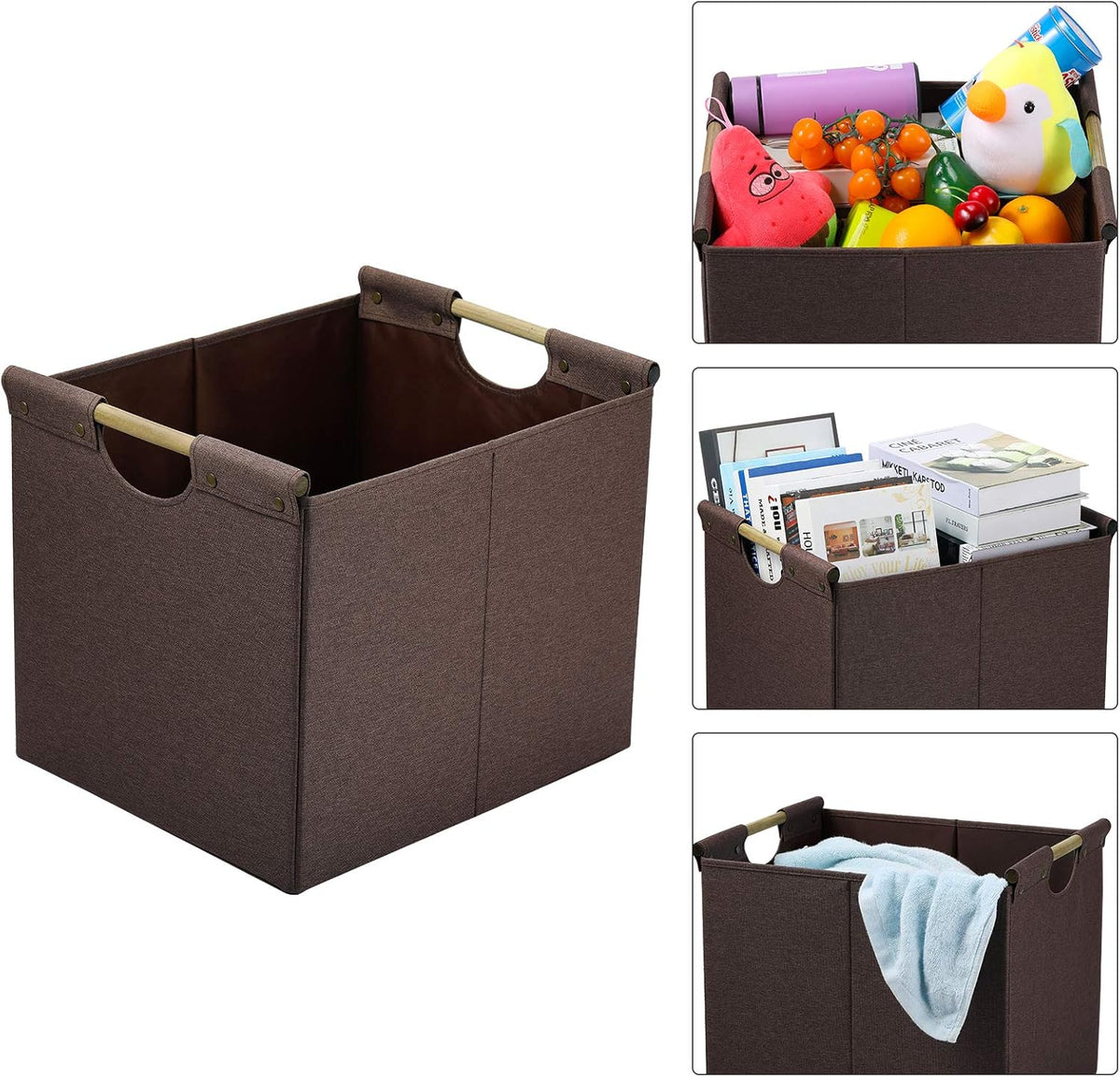 HOONEX Large Collapsible Storage Bins, Linen Fabric, Pack of 2, Storage Baskets with Wooden Carry Handles and Sturdy Heavy Cardboard, for Home, Office, Car, Nursery, Black