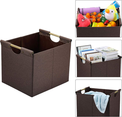 HOONEX Large Collapsible Storage Bins, Linen Fabric, Pack of 2, Storage Baskets with Wooden Carry Handles and Sturdy Heavy Cardboard, for Home, Office, Car, Nursery, Black