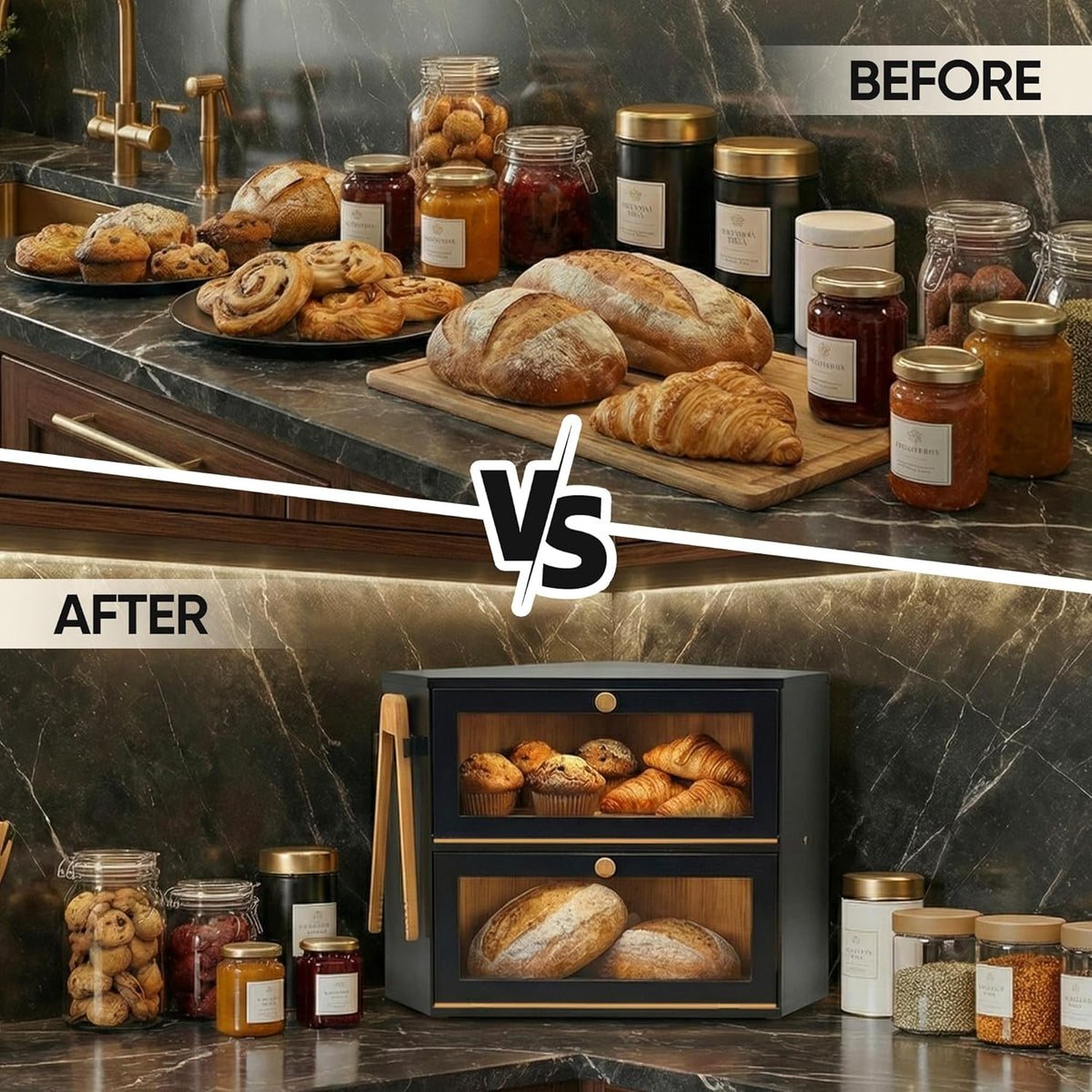 Corner Bread Box for Kitchen Countertop – Bamboo Bread Box with Airtight Design, Dual Divided Compartments, Magnetic Closures, Non-Slip Feet, Clear Windows, Tongs & 2 Free Baking Books -Black