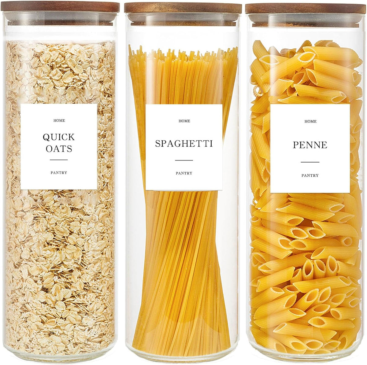 Glass Rice Containers with Acacia Wood Lids, 70oz Airtight Flour and Sugar Jars with 105 Labels, Large Glass Pantry Storage Jars for Cereal, Protein Powder, Cookies, Dry Food