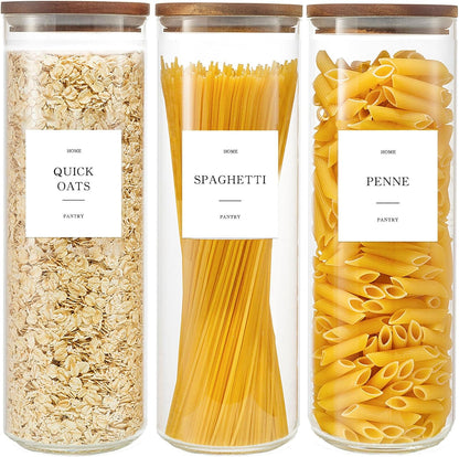Glass Rice Containers with Acacia Wood Lids, 70oz Airtight Flour and Sugar Jars with 105 Labels, Large Glass Pantry Storage Jars for Cereal, Protein Powder, Cookies, Dry Food