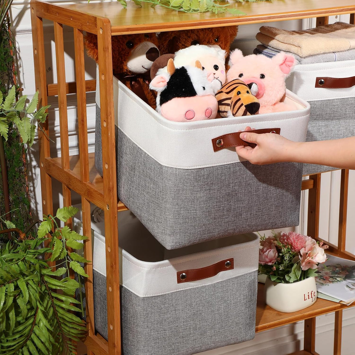 Uiifan 10 Pcs Collapsible Storage Bins Fabric Foldable Storage Basket with Handles Cloth Organizer Linen Shelf Baskets for Shelves Home Closet Nursery Toys(16 x 12 x 10 Inch,Gray and White)