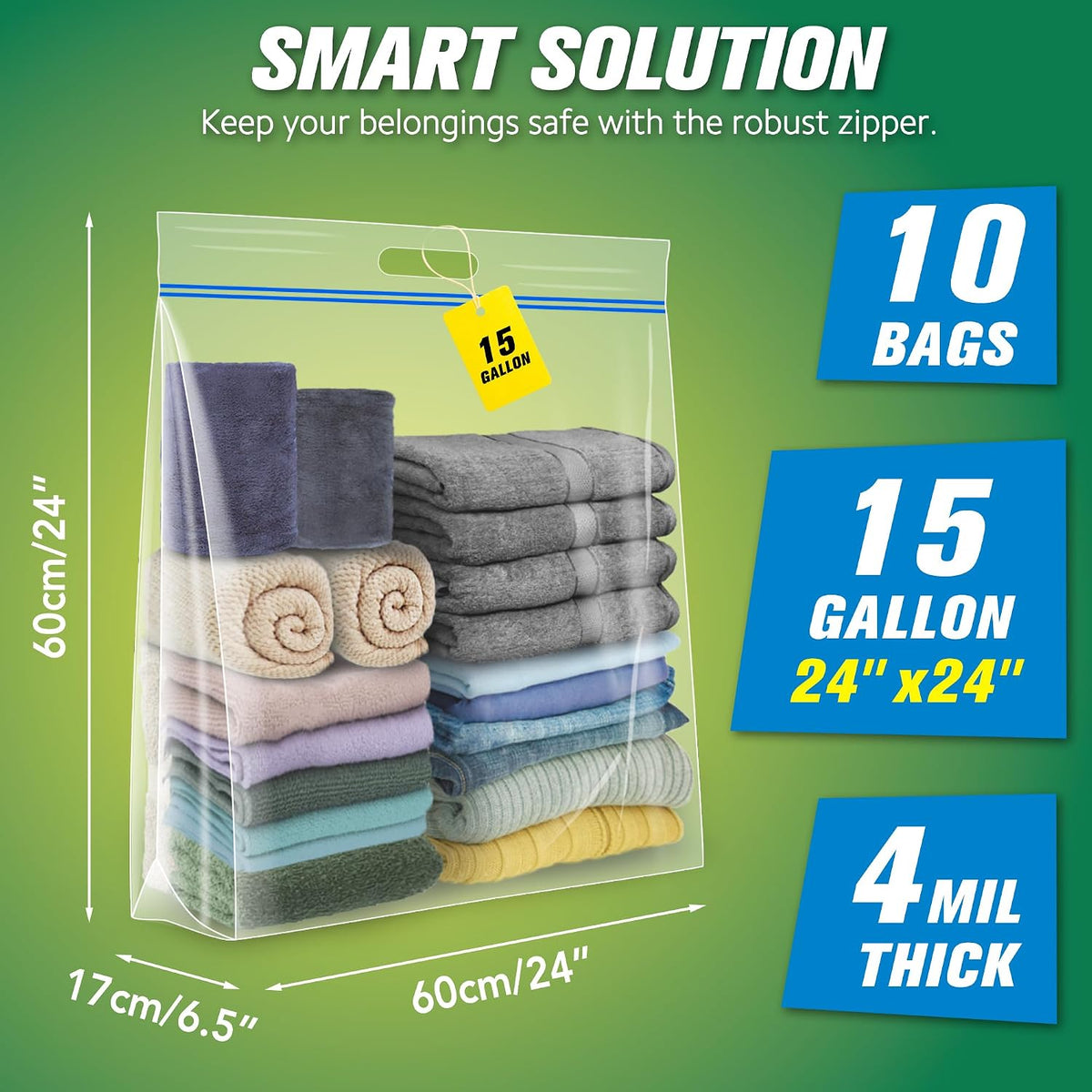 HIBAG 25 Gallon Jumbo Storage Bags, 35” x 24” Resealable Clear Bags with Handle, Extra Large XL Heavy Duty for Clothes Pillow Travel Moving, Pack of 3