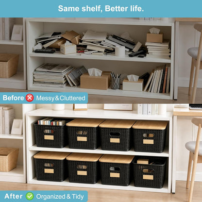 Bagnizer Small Plastic Storage Bins with Bamboo Lids 5.2qt Stackable Box Basket Pantry Decorative Containers Cute with Labels for Organizing Desktop Closet Office Cream White of 10*7.2*4.1"