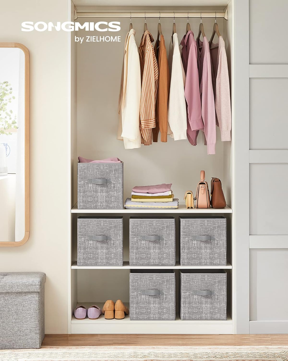 SONGMICS Storage Cubes, 11-Inch Non-Woven Fabric Bins with Double Handles, Set of 6, Closet Organizers for Shelves, Foldable, for Clothes, Cattail Gray UROB26LG