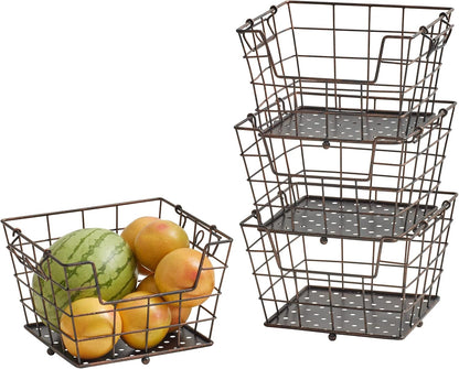 Mikasa Gourmet Basics Ferme 4-Tier Market Basket - Antique Black Wire and Acacia Wood Handle, Kitchen Fruit Vegetable Storage Organizer, 13.5 x 11.5 x 51 Inches