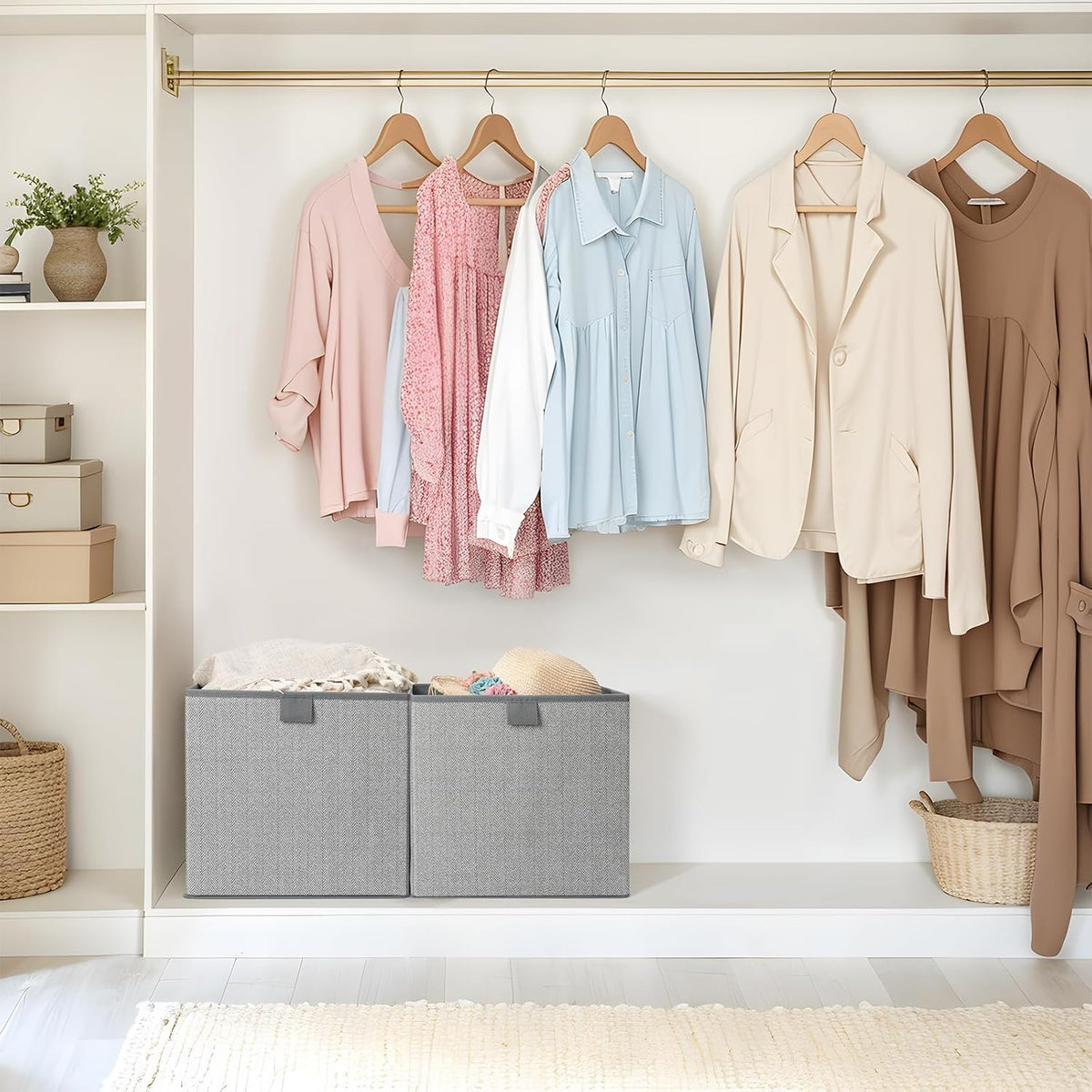 Storage Baskets, 11-Inch Woven Fabric Bins, Storage Cubes with Reinforced Handles, Organizer Bins for Closet Shelves, Foldable, for Toys, Clothes, Natural Beige (3PCS/Beige-11*11*7.8inch)