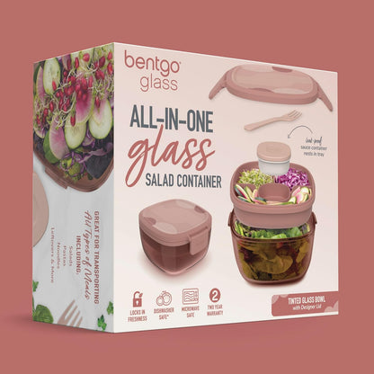 Bentgo Glass Prints Salad Container - 7.6-Cup Tinted Glass Salad Bowl with Airtight Lid, Leak-Proof Sauce Container, 4-Compartment Bento Meal Prep Tray & Reusable Fork (Floral Maximalist - Sea)