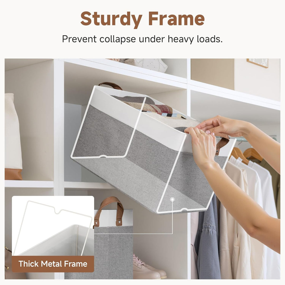 StorageWorks Storage Bins, Shelves Baskets for Organizing, Fabric Closet Organizers with Handles, Metal Frame, Beige-Cotton-linen, 2-Pack