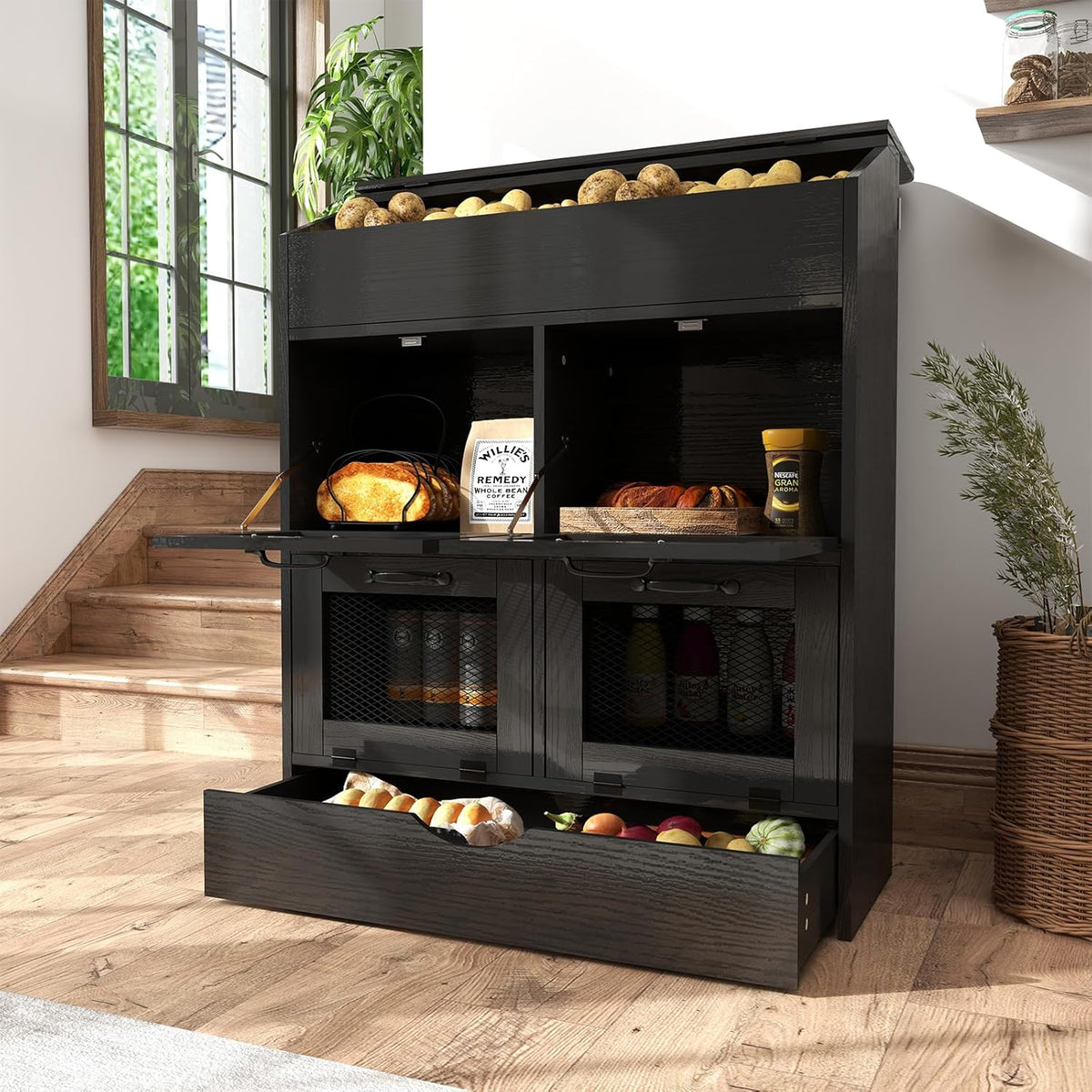 Verano Garden Potato Storage Bin, Wood Bread Box with Lid, Farmhouse Potato and Onion Storage Bin with Mesh Doors, Fruit and Vegetable Storage Rack with Removable Drawer (Rustic Brown, 16.0")
