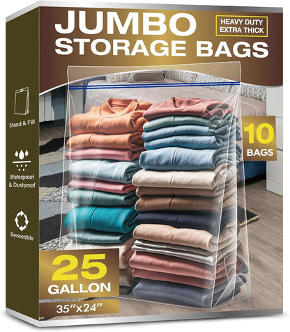 25 Gallon Jumbo Storage Bags, 3.5 Mil Thick Clear Plastic Zipper Bags with Handles, 35" x 24" Extra Large XL Heavy Duty for Home, Travel, and Moving (5 Packs)