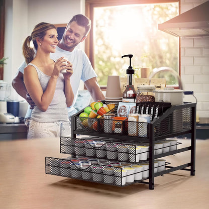 Homsorout Coffee Bar Organizer - Coffee Station for Countertop, Metal and Wood K Cup holder Storage Basket for Coffee Pods, Syrup, Cups, Stirrer, Coffee Condiment, Tea Organizer, Black and Brown