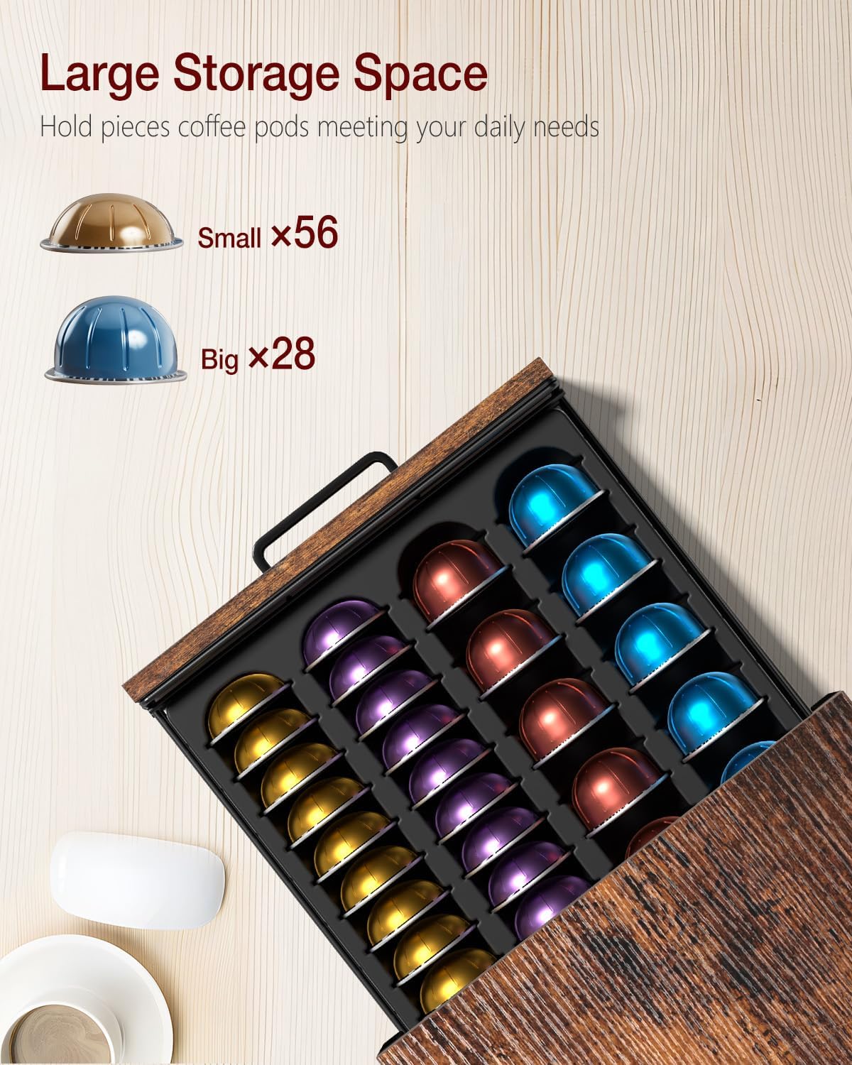 Evermagin K Cup Holder, 35 Pod Capacity, Coffee Pod Holder Compatible with Keurig, Coffee Station Organizer for Countertop with Cup Rack, Rustic Brown
